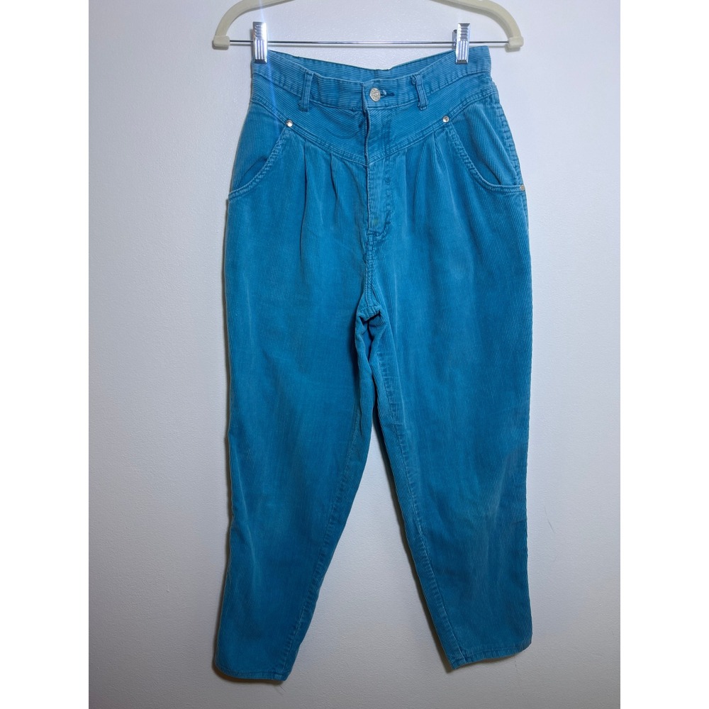 Vintage Gitano Teal Blue Corduroy Pants High Waisted Pleated Tapered Leg 80s 90s
